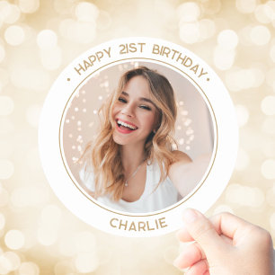 Modern Minimalist Happy 21st Birthday Photo Gold Classic Round Sticker
