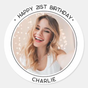 Modern Minimalist Happy 21st Birthday Photo White Classic Round Sticker