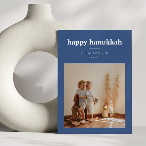 Modern Minimalist Happy Hanukkah Photo Blue Holiday Card