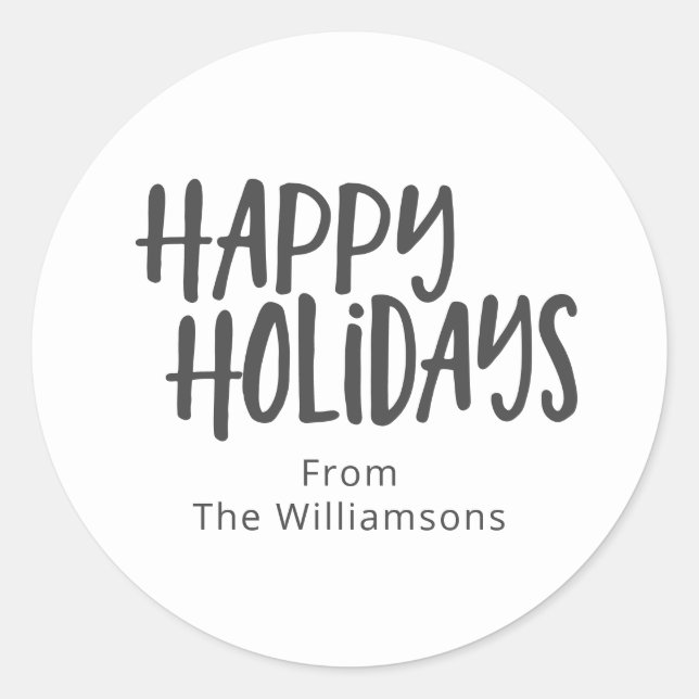 Modern Minimalist Happy Holiday Personalized White Classic Round Sticker (Front)