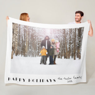 Modern Minimalist Happy Holidays Photo Fleece Blanket