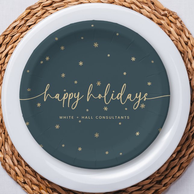 Modern Minimalist Happy Holidays Script Business Paper Plates (Creator Uploaded)