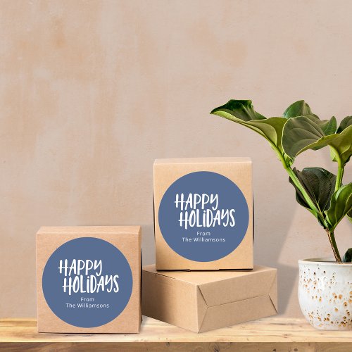 Modern Minimalist Happy Holidays Simple Blue Name  Classic Round Sticker