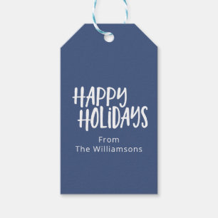Modern Minimalist Happy Holidays Simple Blue Name Gift Tags