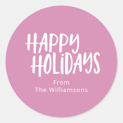 Modern Minimalist Happy Holidays Simple Name Pink Classic Round Sticker