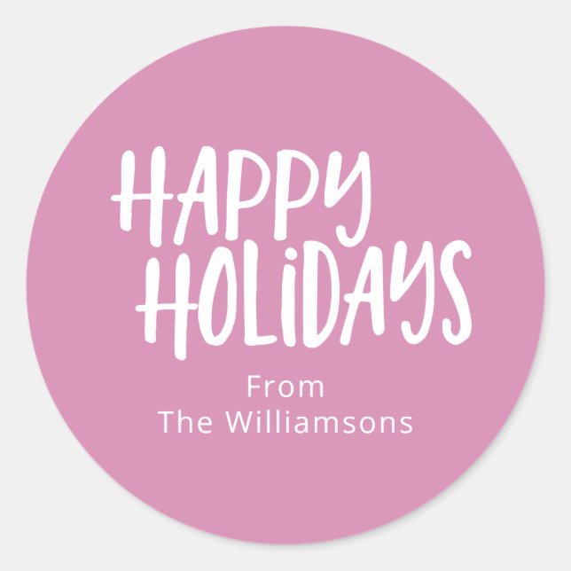 Modern Minimalist Happy Holidays Simple Name Pink Classic Round Sticker (Front)