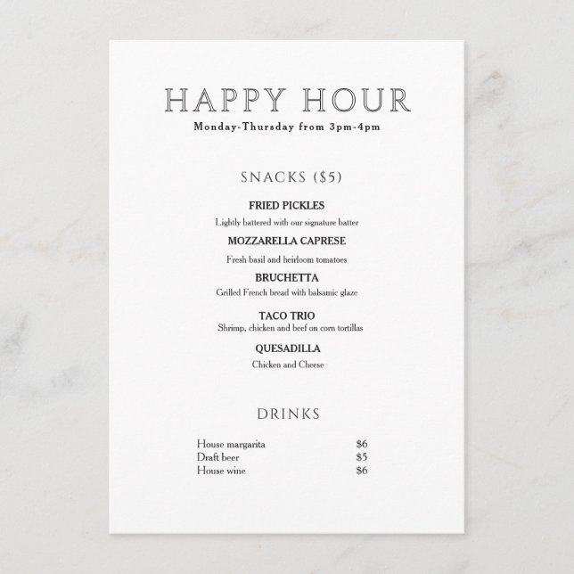 Modern Minimalist Happy Hour Menu (Front)