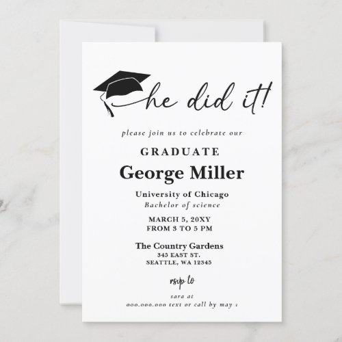 Modern Minimalist he Did It Photo Graduation Invitation