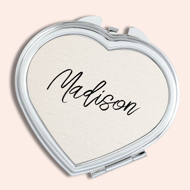 Modern Minimalist Heart Compact Mirror (Simple Script Creme Custom Compact Mirror. Bridal Wedding Party Gift for Bridesmaids. )