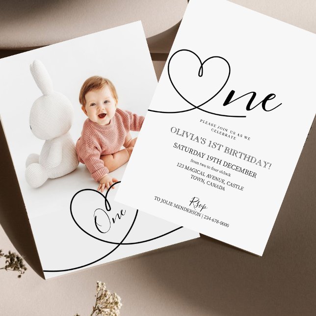 Modern Minimalist Heart First Birthday Photo  Invitation (Creator Uploaded)