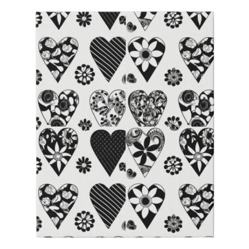 Modern Minimalist Hearts  Flowers Black  White Faux Canvas Print