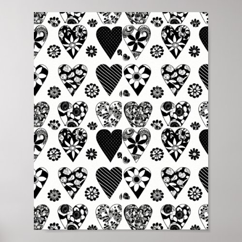Modern Minimalist Hearts  Flowers Black  White Poster