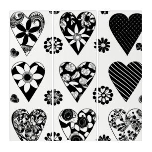 Modern Minimalist Hearts & Flowers Black & White Triptych