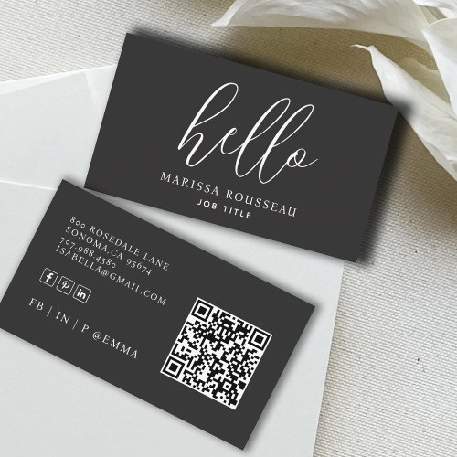 Modern Minimalist Hello QR Code Black Business Card