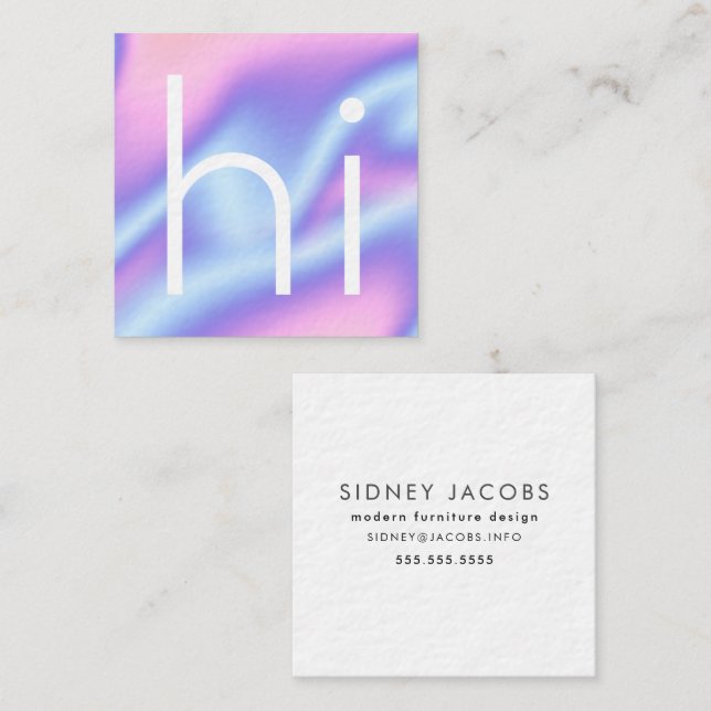 Modern minimalist "hi" holographic design square business card (Front/Back)