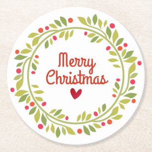 Modern Minimalist Holly Wreath Christmas Round Paper Coaster