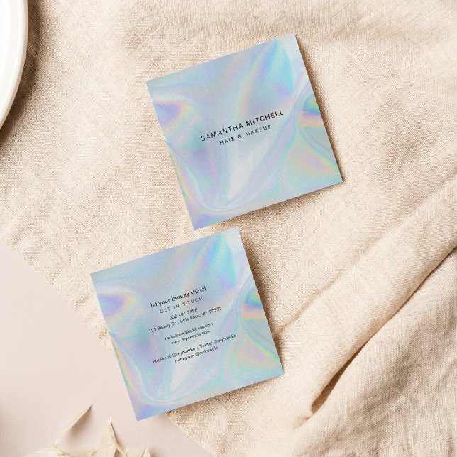 Modern Minimalist Holographic Beautician Stylist Square Business Card (Modern Holographic Square Business Card)