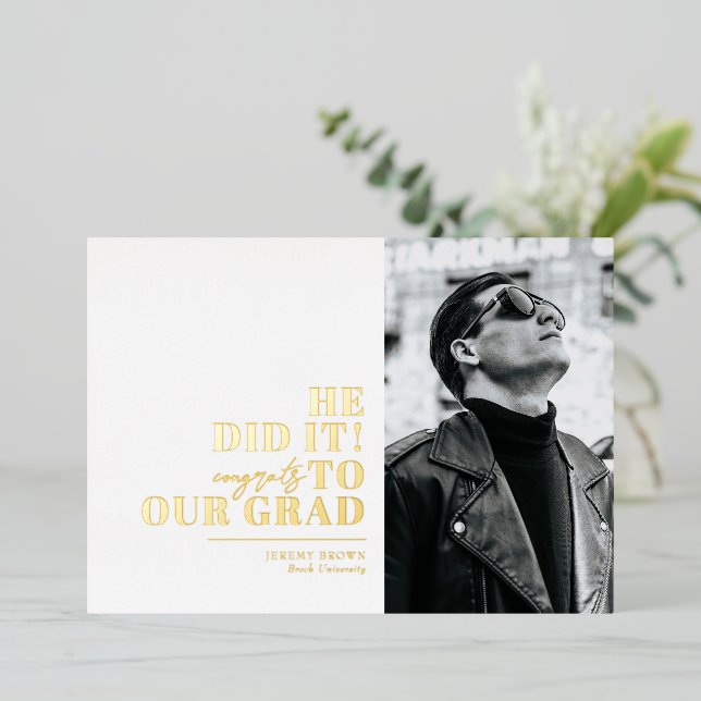 Modern Minimalist Horizontal 3 Photos Graduation Foil Invitation (Standing Front)