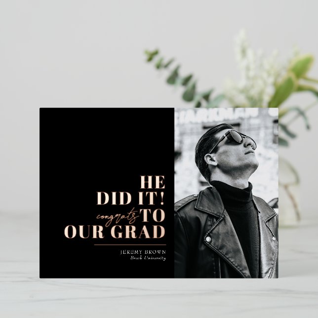 Modern Minimalist Horizontal 3 Photos Graduation Foil Invitation (Standing Front)