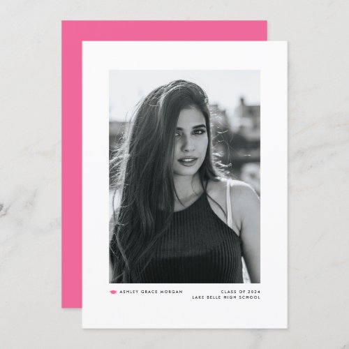 Modern Minimalist Hot Pink Photo Graduation Announcement