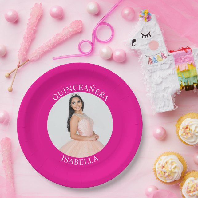 Modern Minimalist Hot Pink Quinceañera Photo Paper Plates (Party)