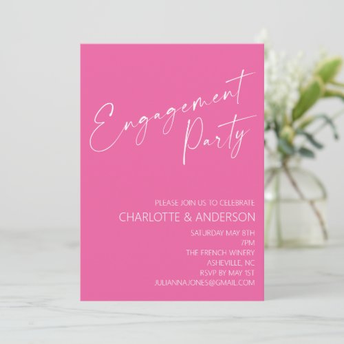 Modern Minimalist Hot Pink Script Engagement Party Invitation