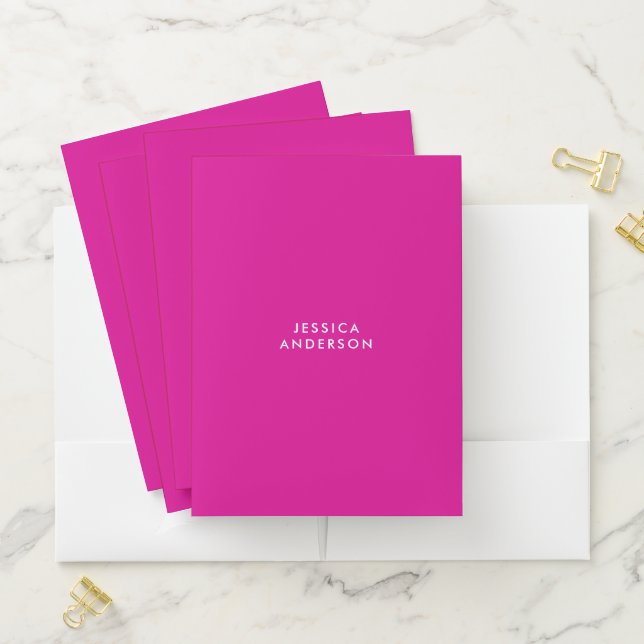 Modern Minimalist Hot Pink White Name Pocket Folder (In Situ)