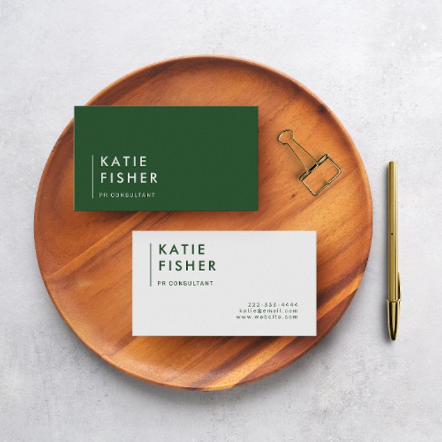 Modern Minimalist: Hunter Green & White  Business Card (A chic and modern hunter green and white business card.)