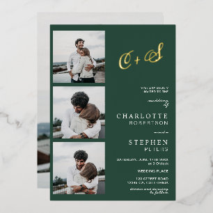 Modern minimalist initials photo green gold foil foil invitation
