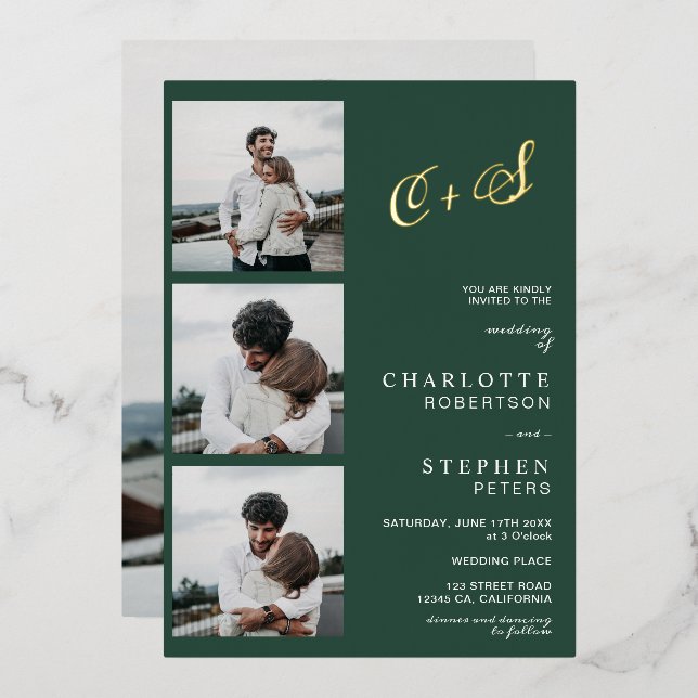Modern minimalist initials photo green gold foil  invitation (Front/Back)