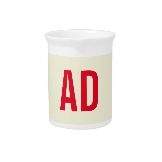 Modern Minimalist Initials Red Monogram Beige Beverage Pitcher (Front)