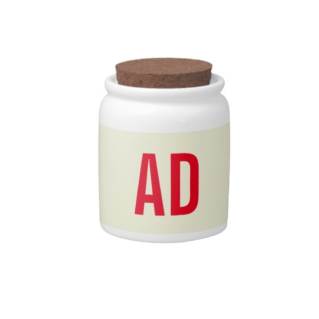 Modern Minimalist Initials Red Monogram Beige Candy Jar (Front)