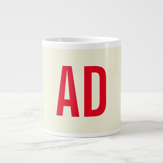 Modern Minimalist Initials Red Monogram Beige Giant Coffee Mug (Front)