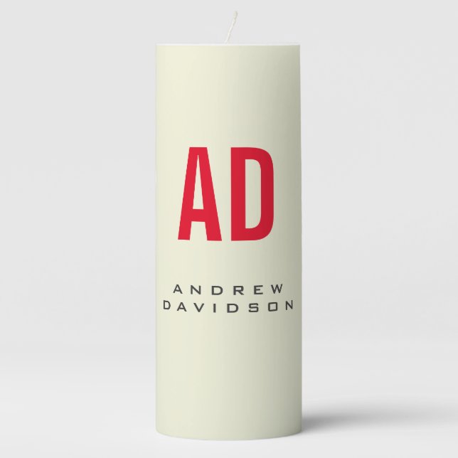 Modern Minimalist Initials Red Monogram Beige Pillar Candle (Front)