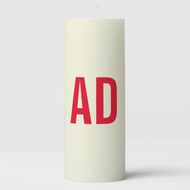 Modern Minimalist Initials Red Monogram Beige Pillar Candle (Front)