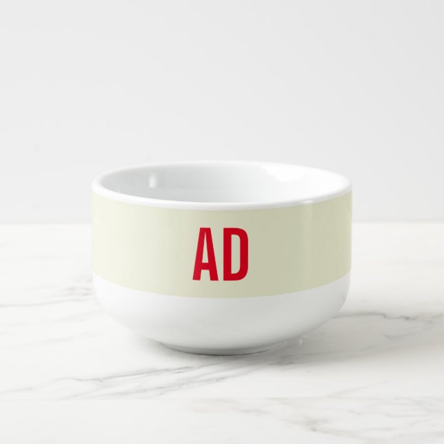 Modern Minimalist Initials Red Monogram Beige Soup Mug (Front)