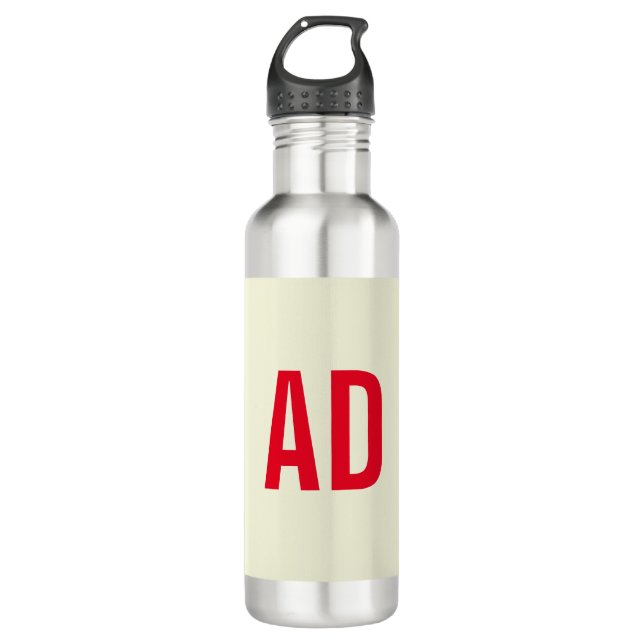 Modern Minimalist Initials Red Monogram Beige Stainless Steel Water Bottle (Front)