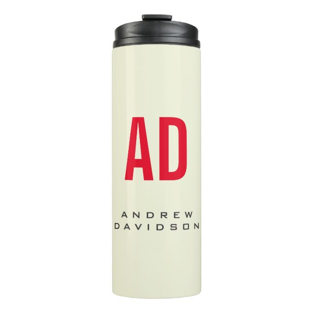 Modern Minimalist Initials Red Monogram Beige Thermal Tumbler (Front)