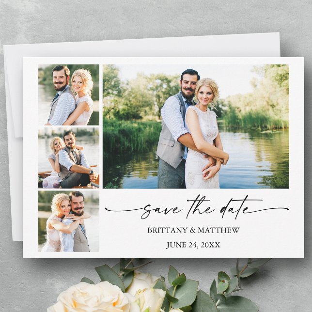 Modern Minimalist Ink Pen Script 4 Photos Save The Date (Customize to change your personalized text size or text style.)
