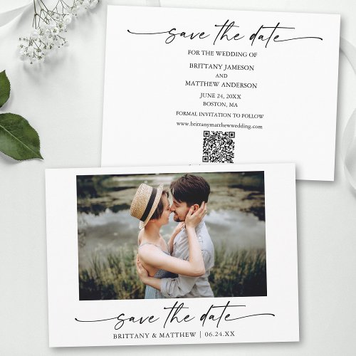 Modern Minimalist Ink Pen Script Photo QR Code Save The Date