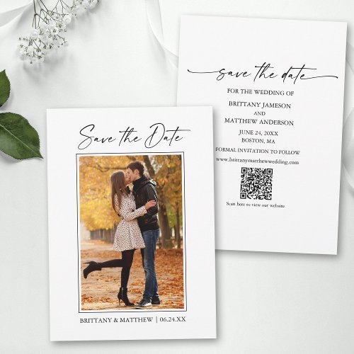 Modern Minimalist Ink Pen Script Photo QR Code Save The Date