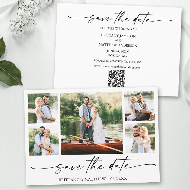 Modern Minimalist Ink Script 5 Photo QR Code Save The Date (Add your wedding website or social media web address to the QR Scan Code.)