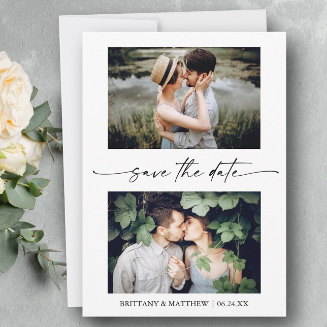 Modern Minimalist Ink Script Couple 2 Photo Save The Date (Customize to change your personalized text size or text style.)