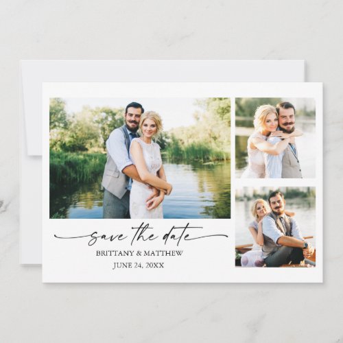 Modern Minimalist Ink Script Couple 3 Photo Save The Date