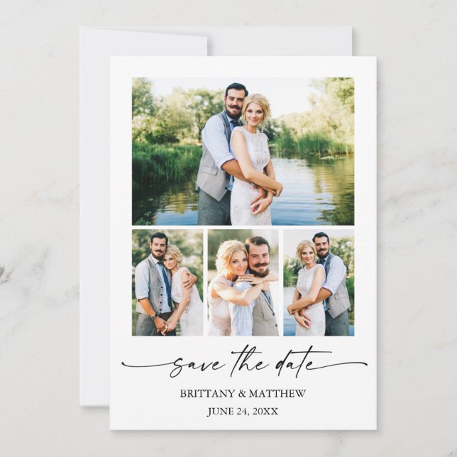 Modern Minimalist Ink Script Couple 4 Photos Save The Date (Front)