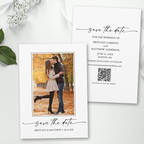 Modern Minimalist Ink Script Couple Photo QR Code Save The Date