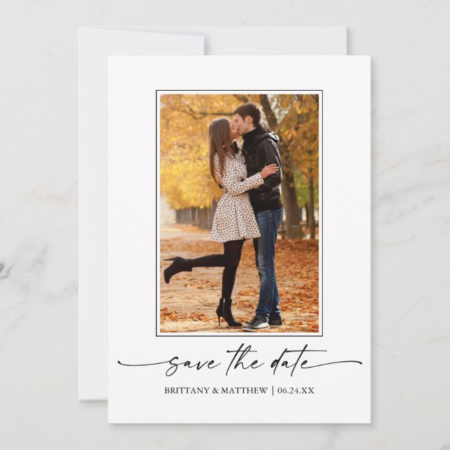 Modern Minimalist Ink Script Couple Photo Save The Date (Front)