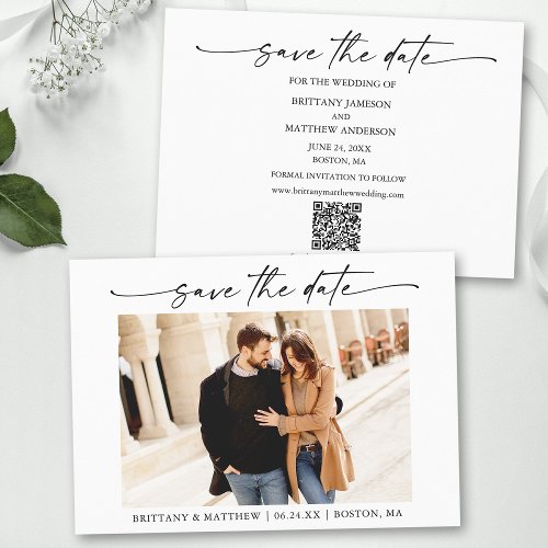 Modern Minimalist Ink Script Photo QR Code Save The Date