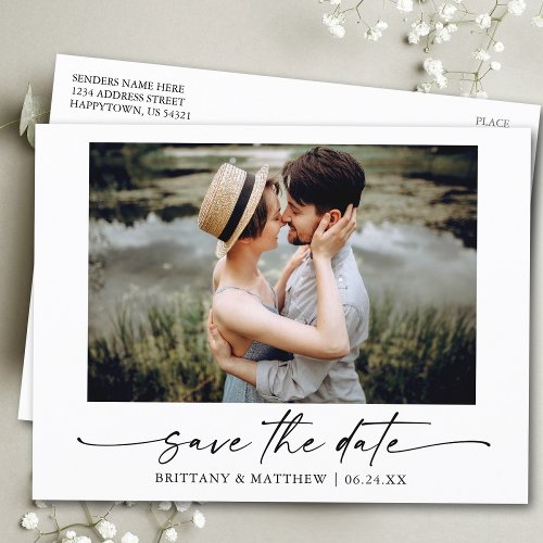 Modern Minimalist Ink Script Photo Save The Date Postcard