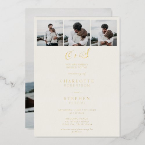 Modern minimalist ivory initials 4 photos wedding foil invitation